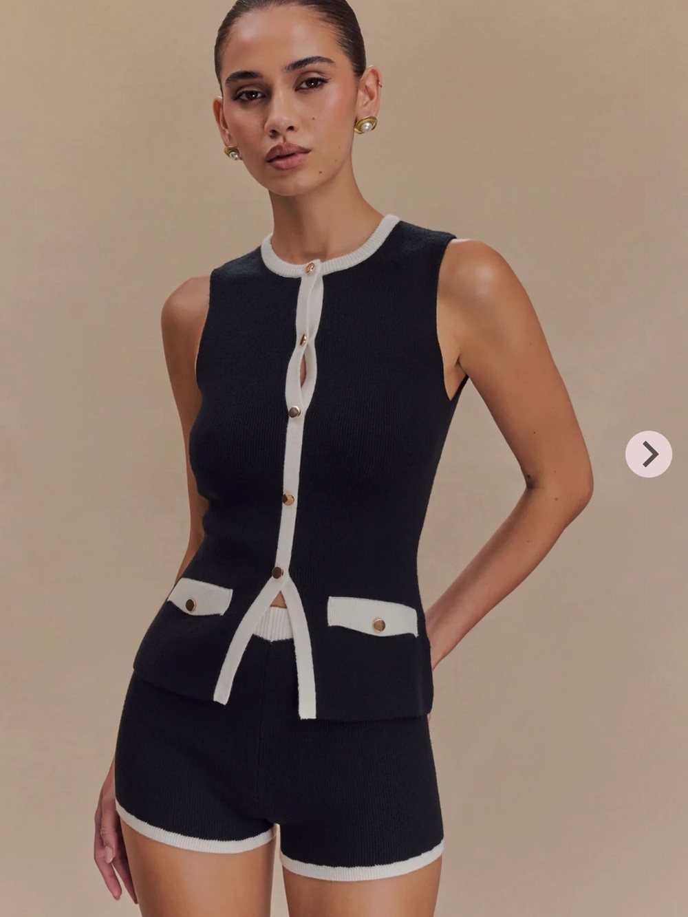 Meshki Black and White Sleeveless Knit Button Front Top and short set
